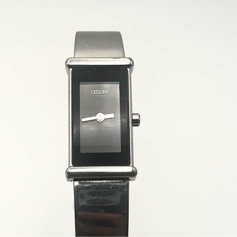 Citizen Eco-Drive Womens Stainless Steel Black Rectangular Watch 7" Wrist